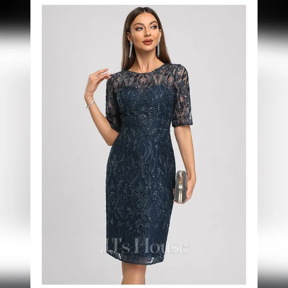 JJs House Navy Lace Midi Dress with Sequins. Sheer neck & sleeves. NWT.  Size 6 - Picture 4 of 11
